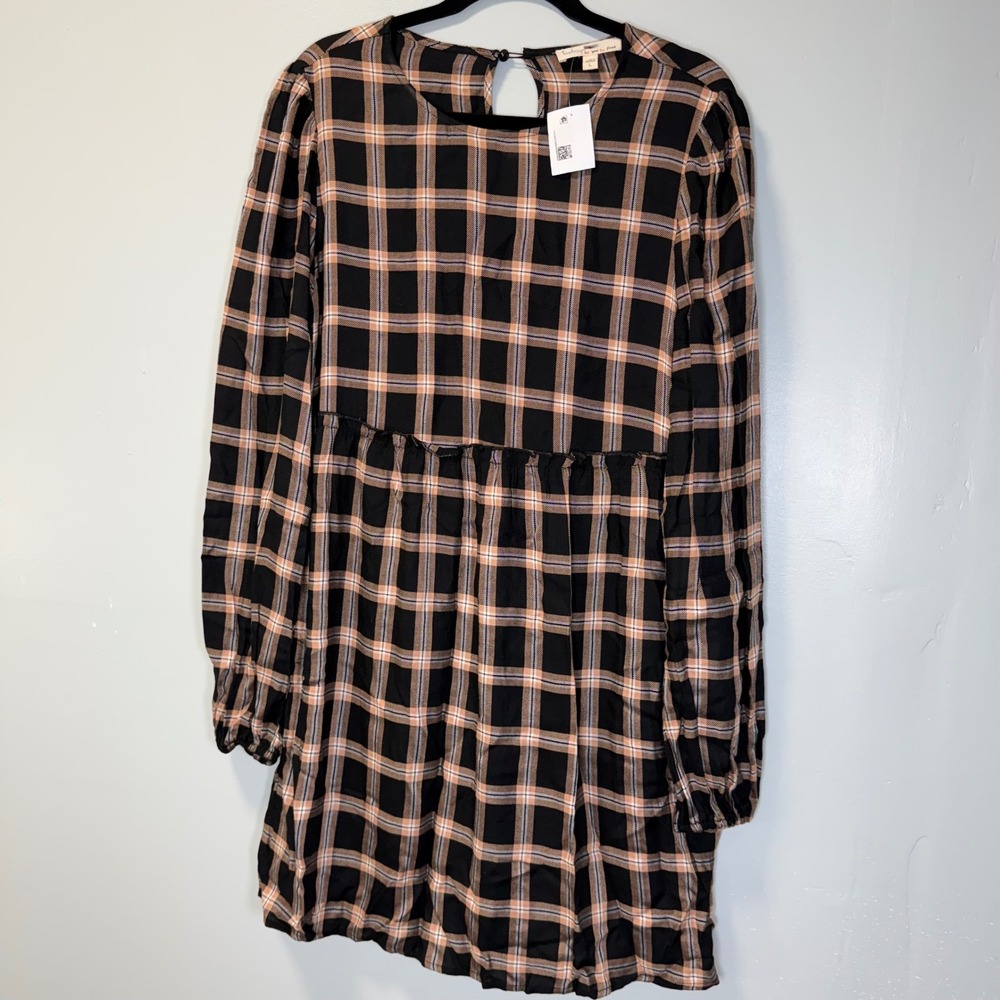 Bebop Womens Plaid Babydoll Mini Dress Black Camel‎ Long Sleeve Size L NEW
